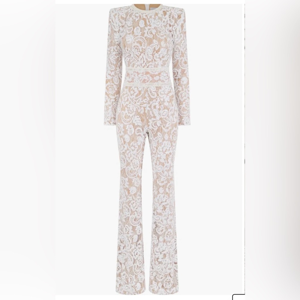Elegant Lace Jumpsuit in White and Tan